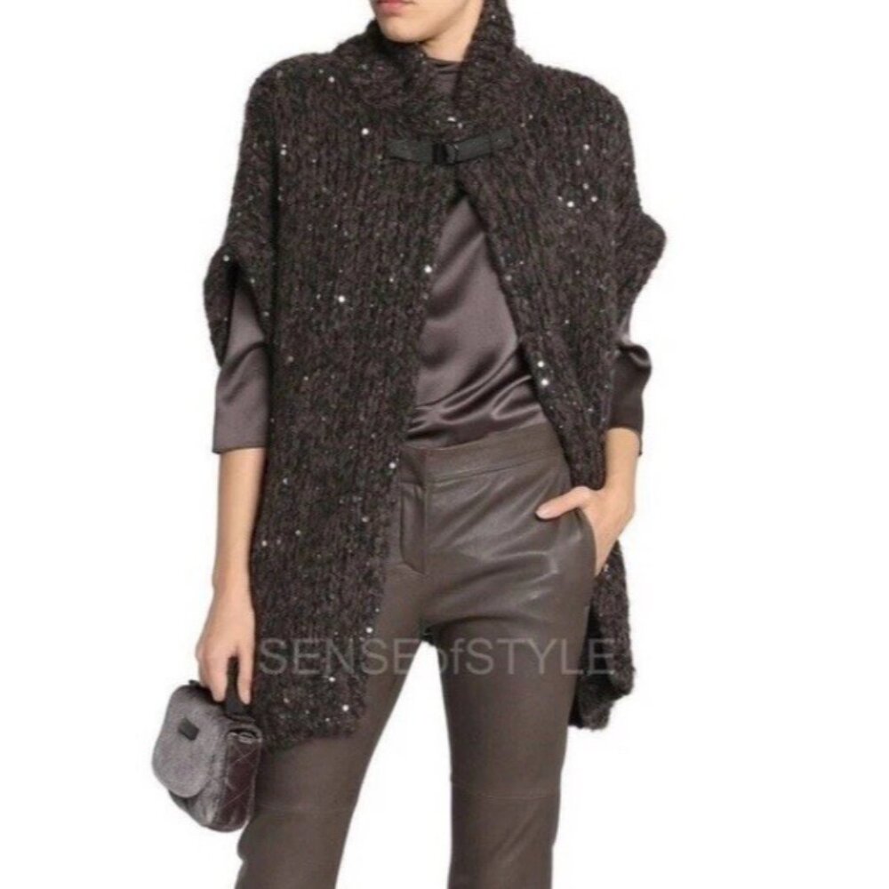 Brunello Cucinelli Cardigan Poncho Cape Jacket Coat Monili Trim Women Size XS